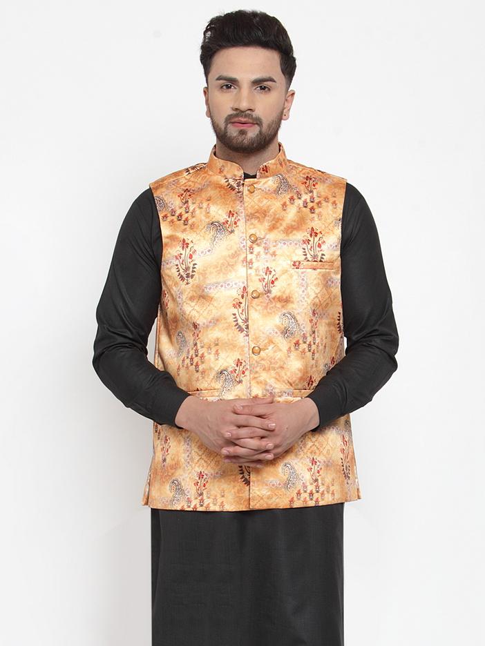 Jompers Men Orange Printed Satin Nehru Jacket | Grocsy