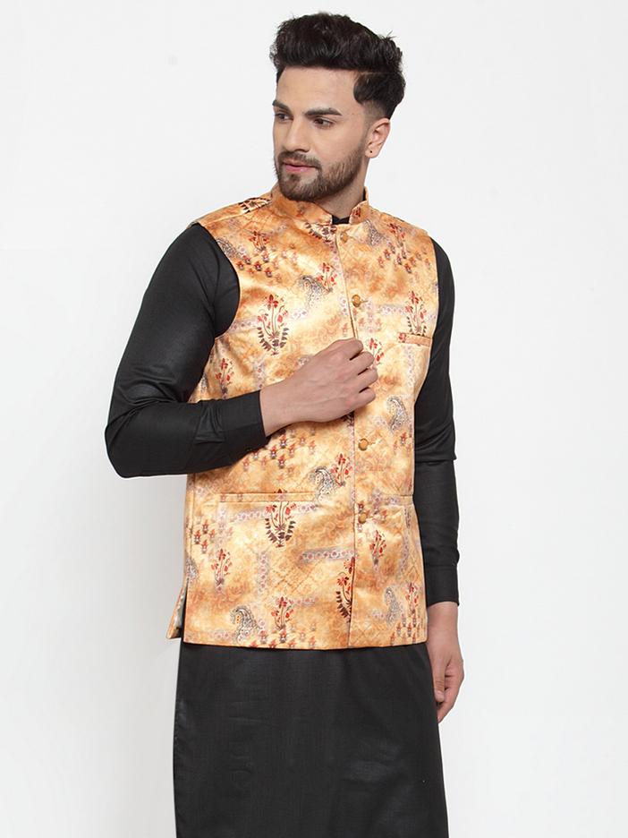 Jompers Men Orange Printed Satin Nehru Jacket | Grocsy