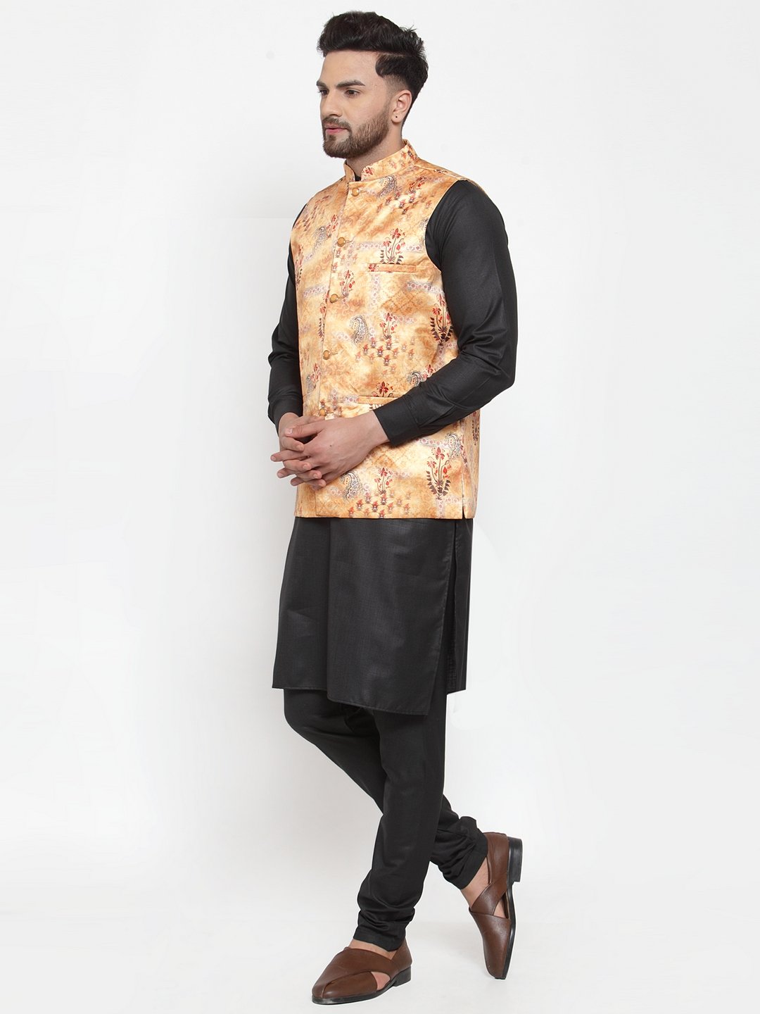 Jompers Men Orange Printed Satin Nehru Jacket | Grocsy