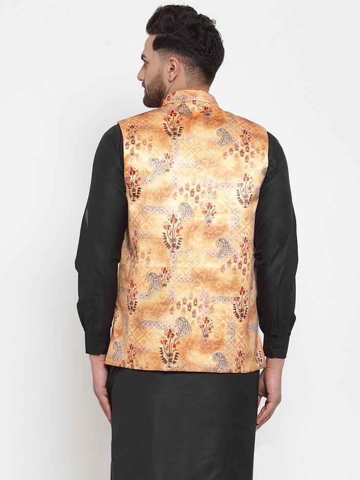 Jompers Men Orange Printed Satin Nehru Jacket | Grocsy