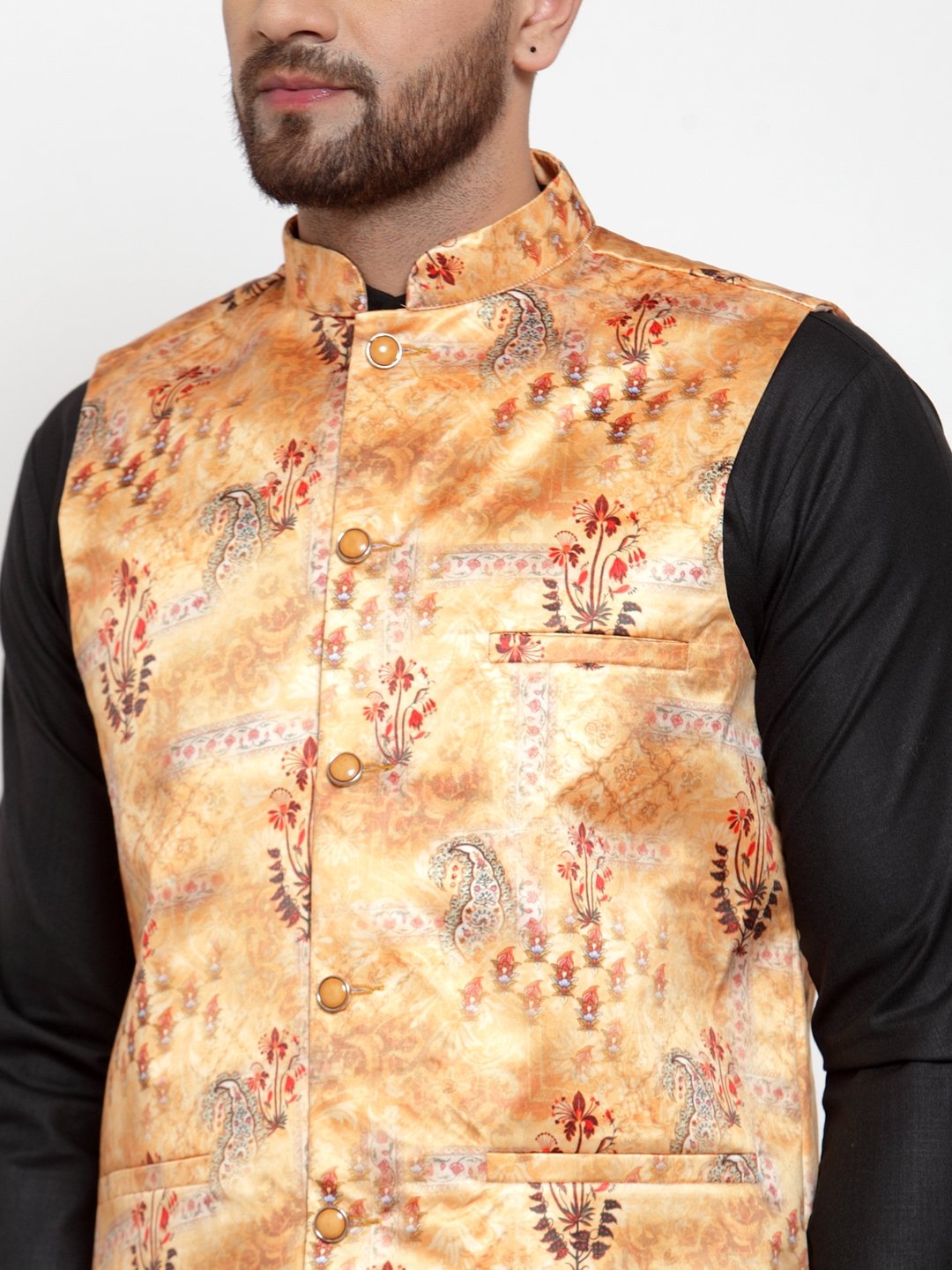 Jompers Men Orange Printed Satin Nehru Jacket | Grocsy