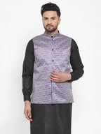 Jompers Men Purple Printed Satin Nehru Jacket | Grocsy