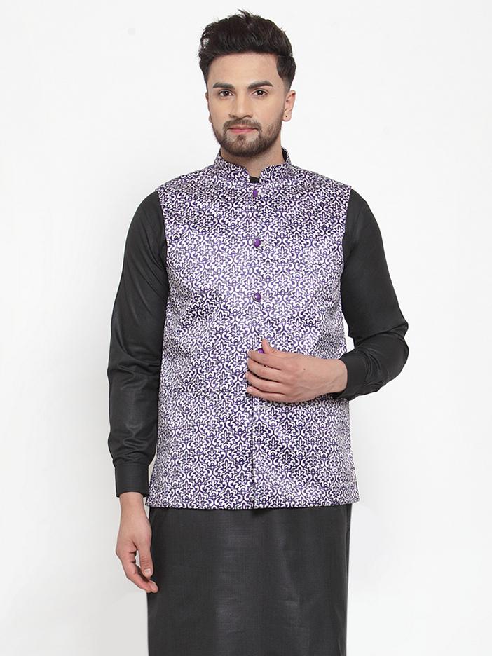 Jompers Men Purple Printed Satin Nehru Jacket | Grocsy