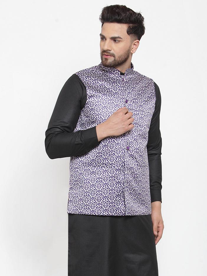 Jompers Men Purple Printed Satin Nehru Jacket | Grocsy