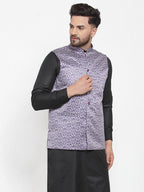 Jompers Men Purple Printed Satin Nehru Jacket | Grocsy