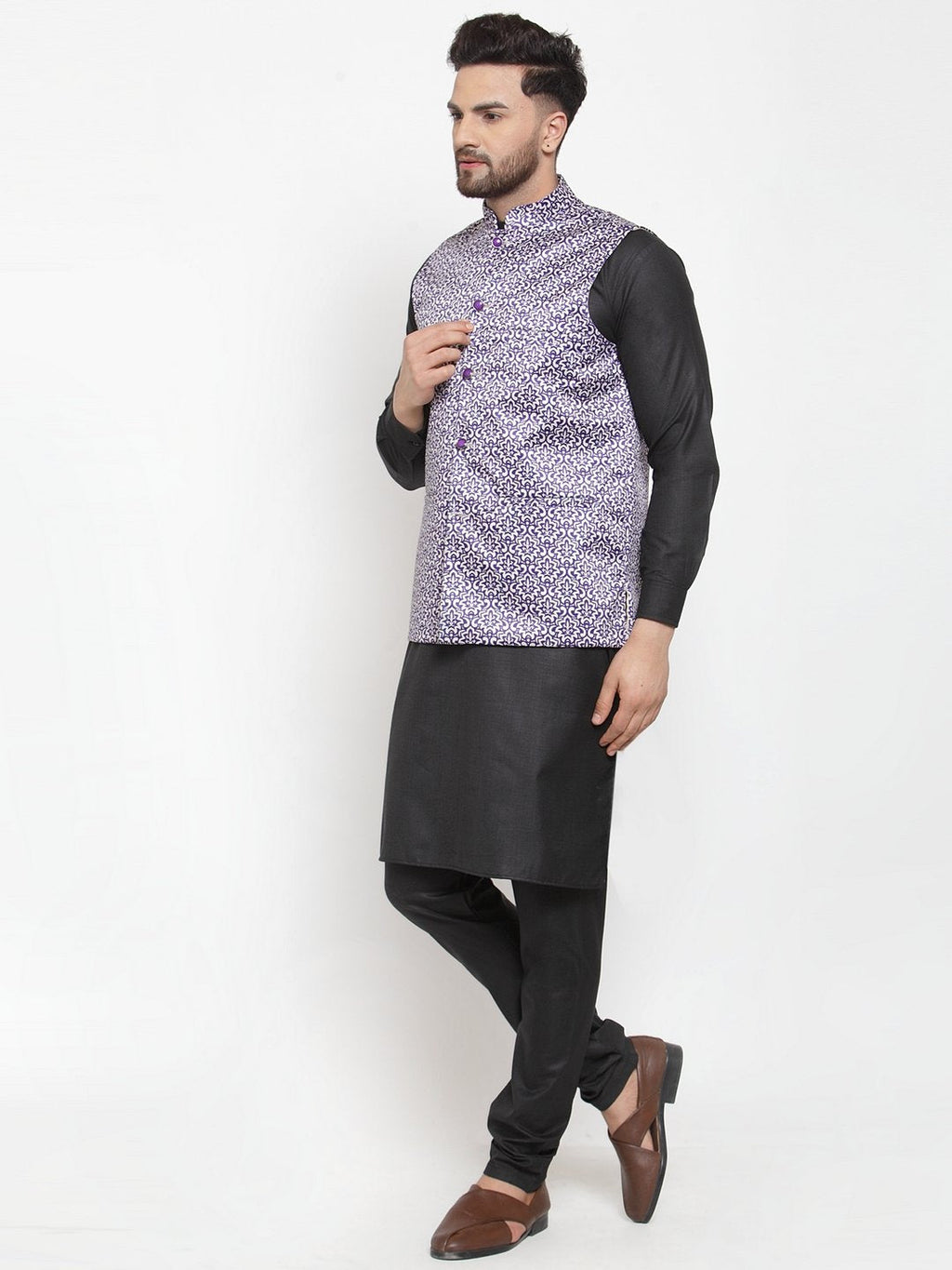 Jompers Men Purple Printed Satin Nehru Jacket | Grocsy
