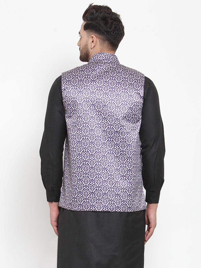 Jompers Men Purple Printed Satin Nehru Jacket | Grocsy