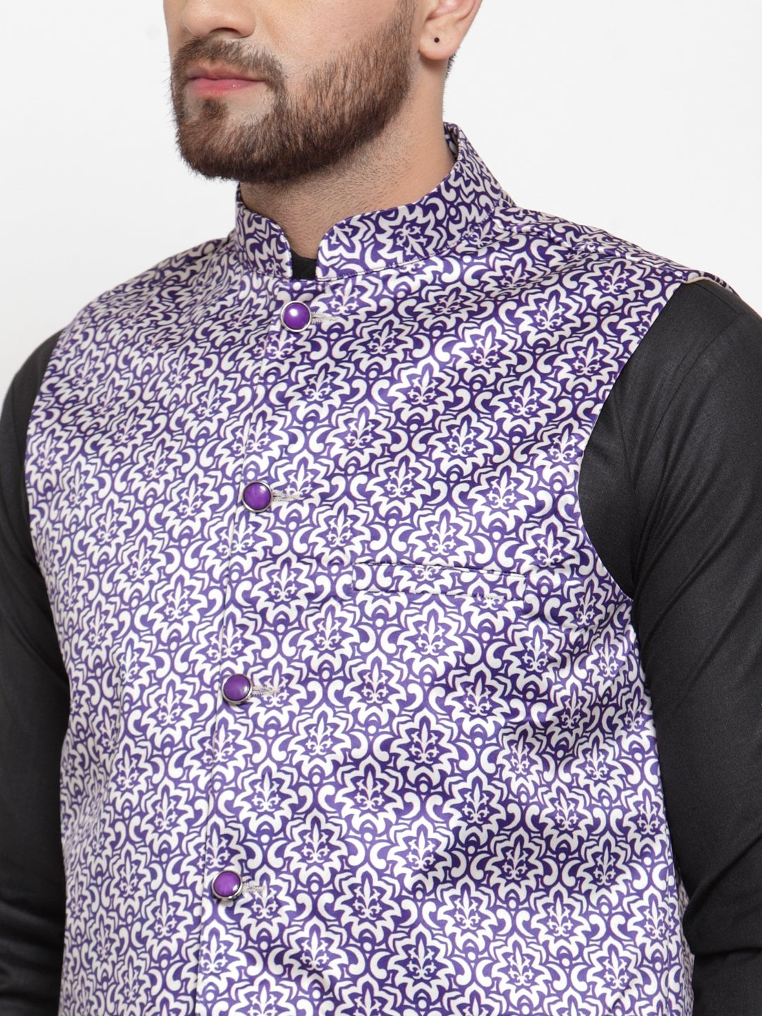 Jompers Men Purple Printed Satin Nehru Jacket | Grocsy