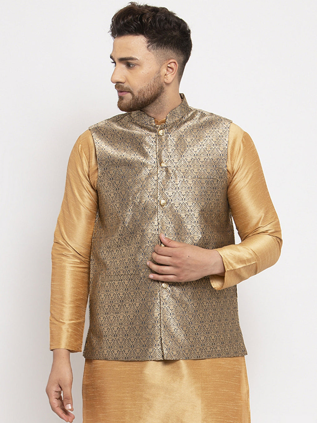 Jompers Men's Grey Woven Nehru Jacket | Grocsy