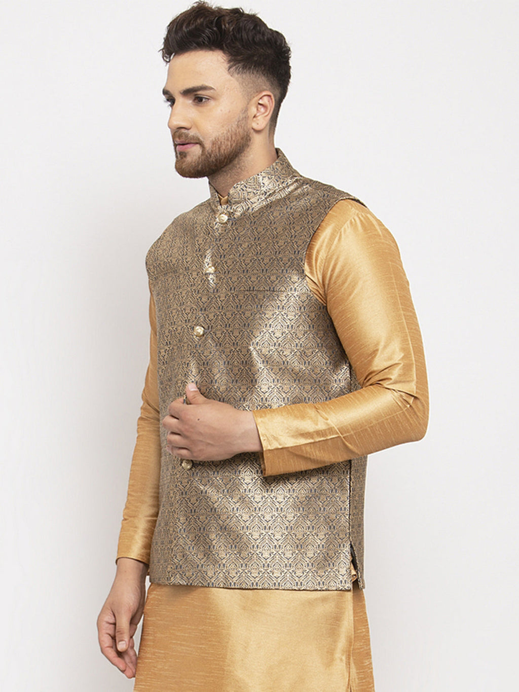 Jompers Men's Grey Woven Nehru Jacket | Grocsy