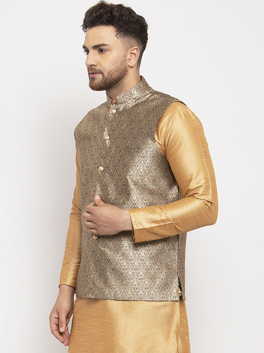 Jompers Men's Grey Woven Nehru Jacket | Grocsy