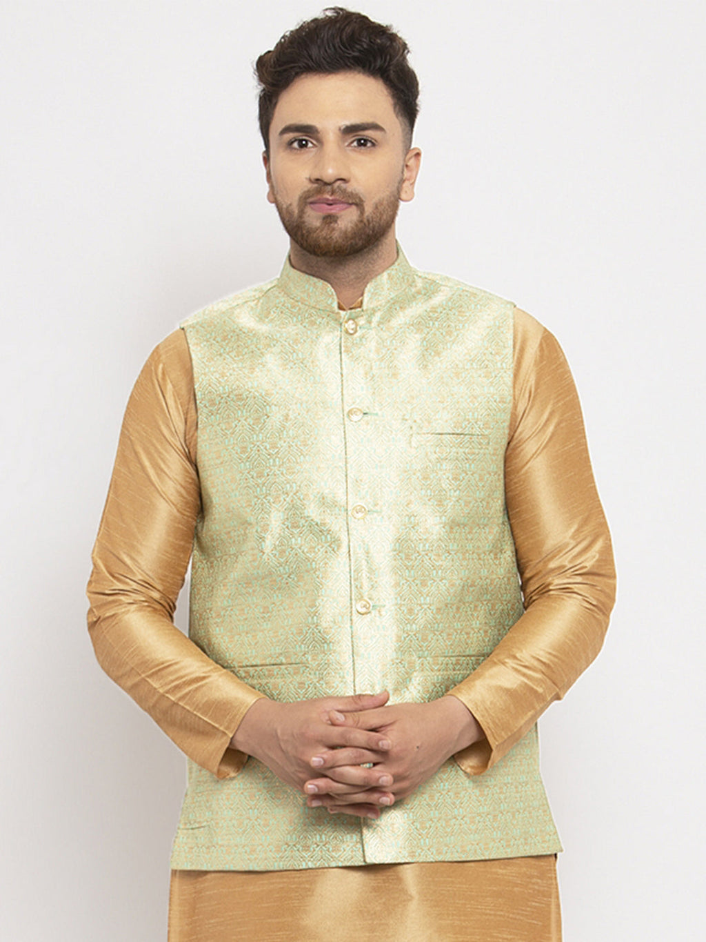 Jompers Men's Green Woven Nehru Jacket | Grocsy