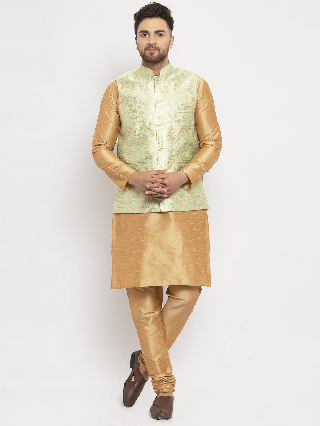 Jompers Men's Green Woven Nehru Jacket | Grocsy