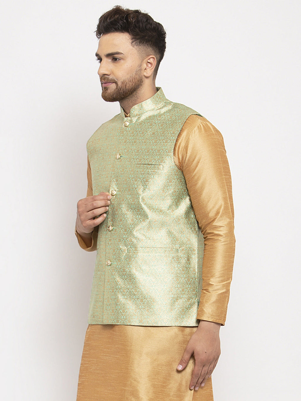 Jompers Men's Green Woven Nehru Jacket | Grocsy