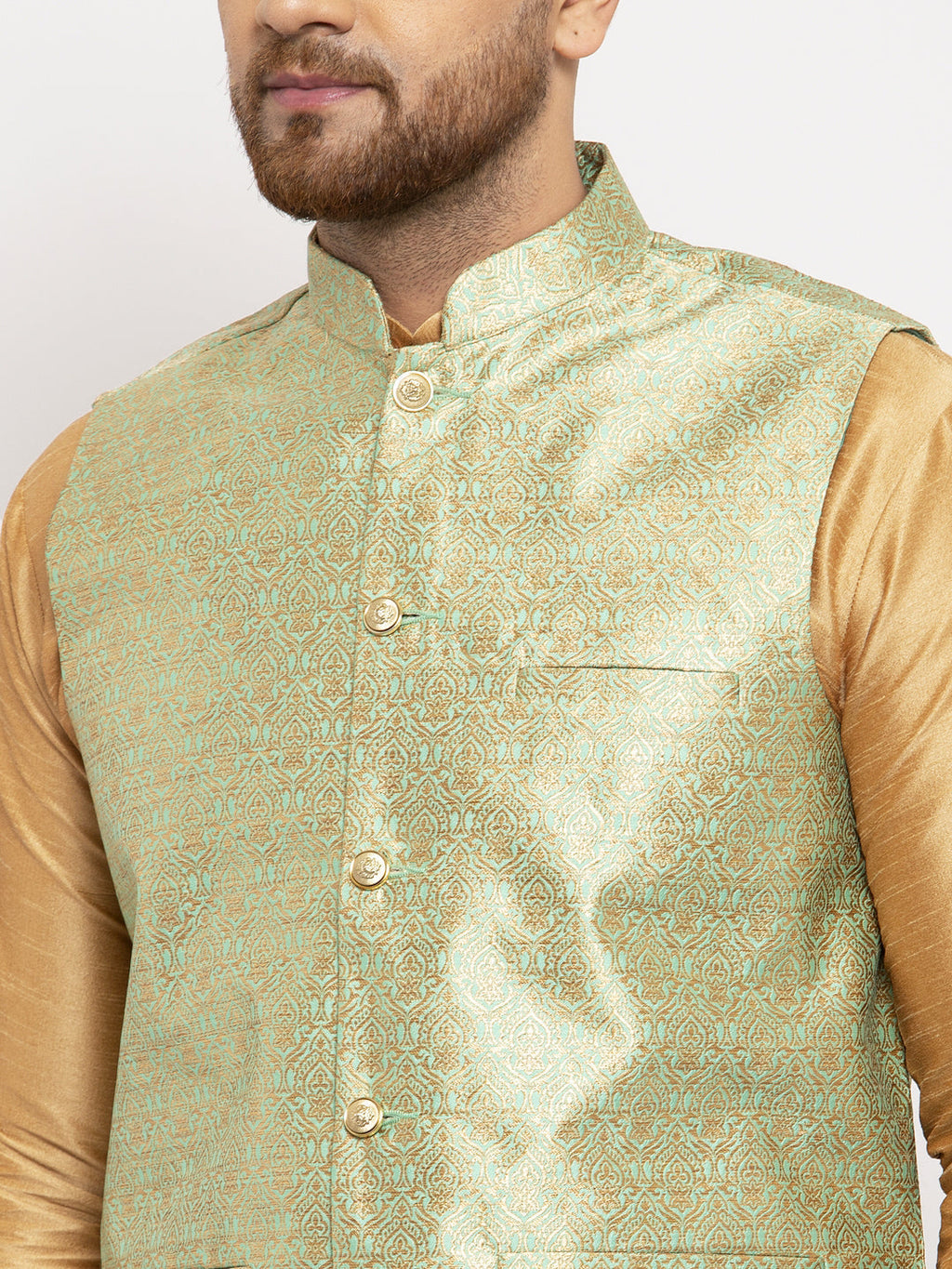 Jompers Men's Green Woven Nehru Jacket | Grocsy