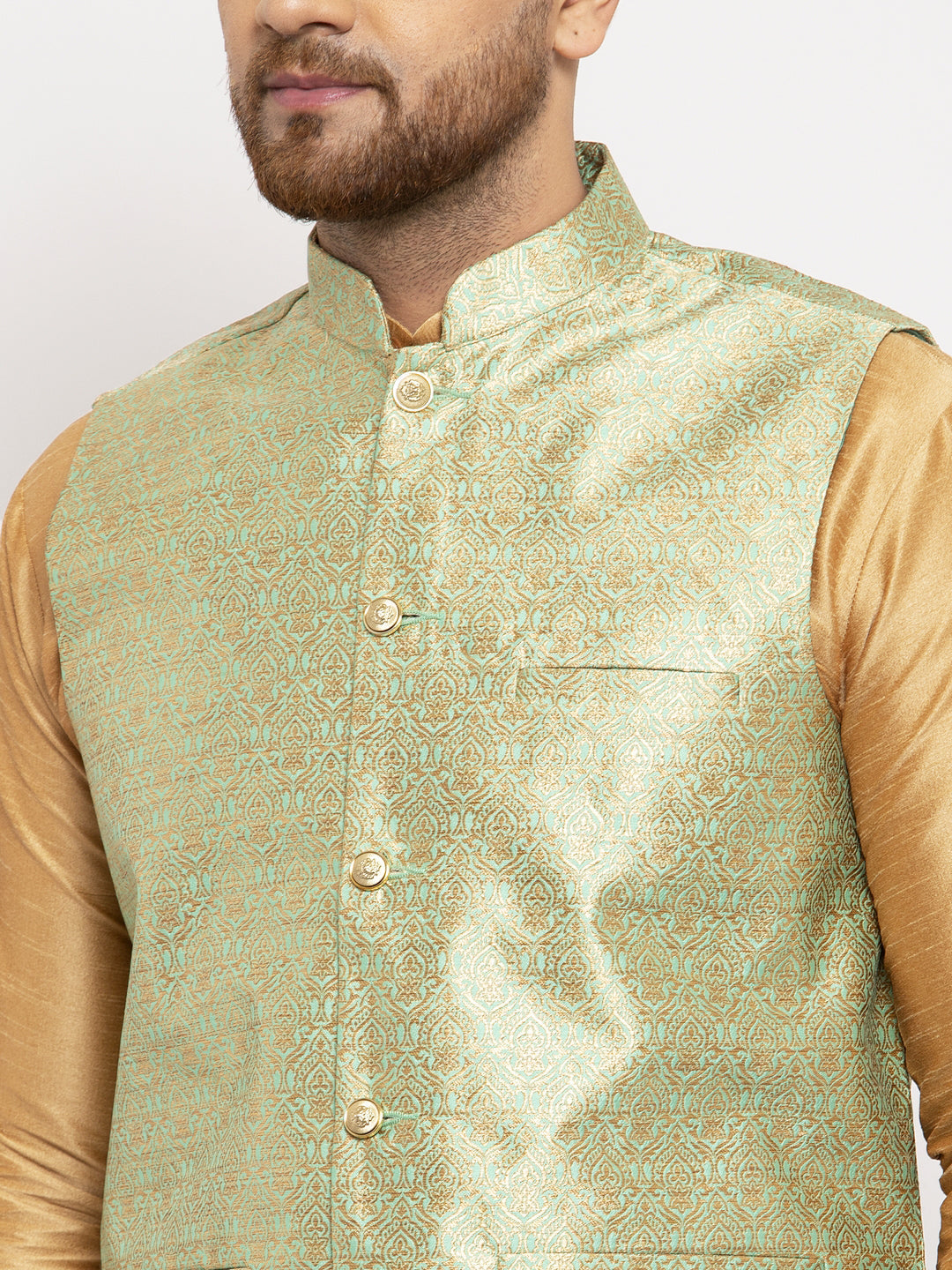 Jompers Men's Green Woven Nehru Jacket | Grocsy