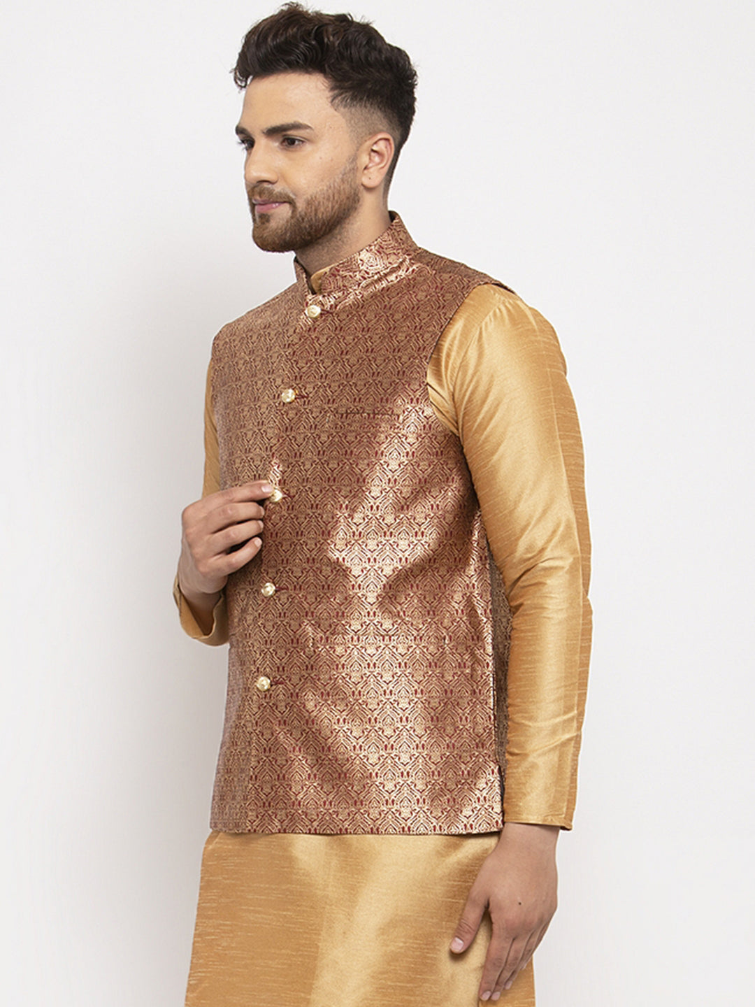 Jompers Men's Maroon Woven Nehru Jacket | Grocsy
