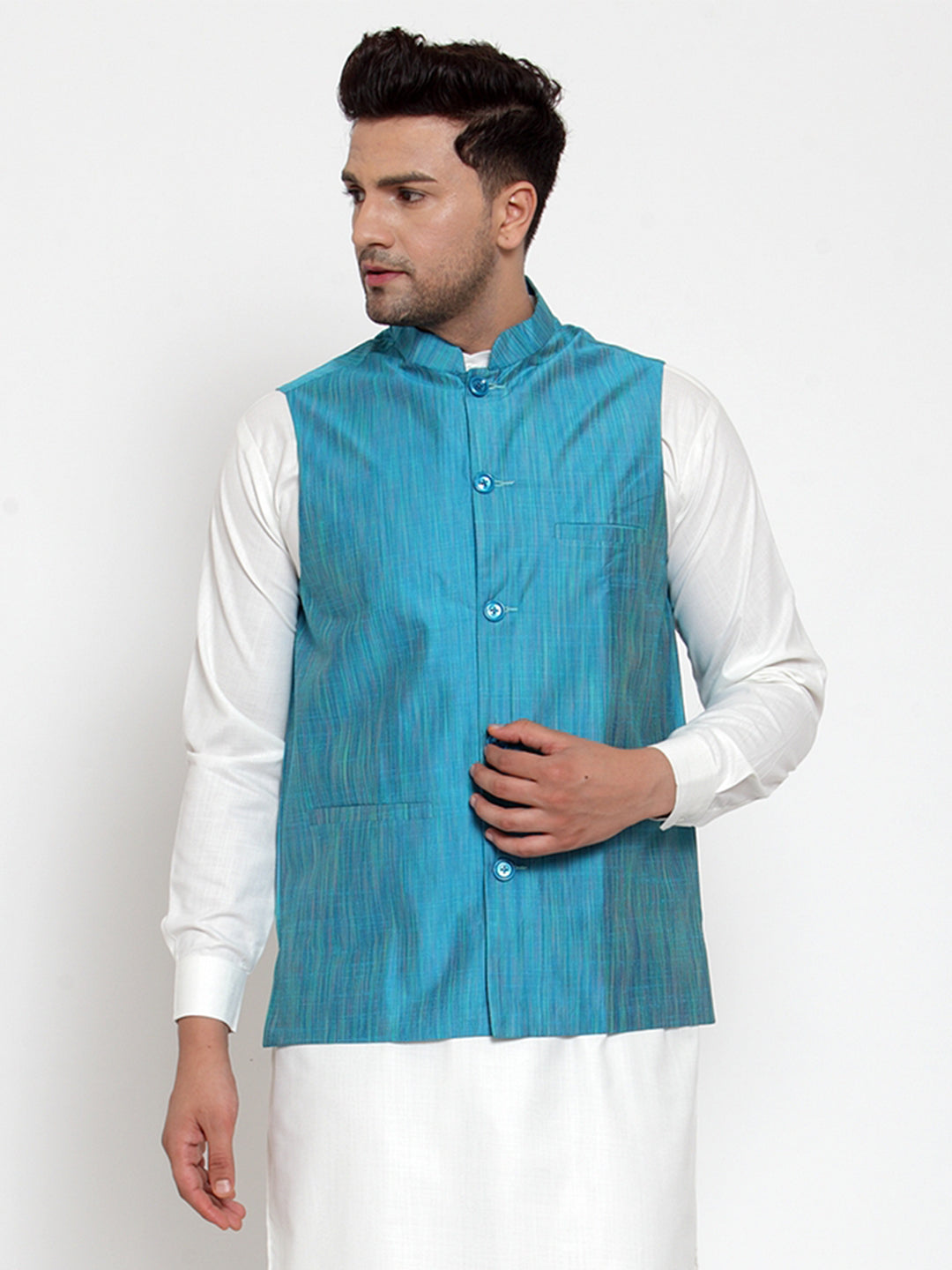 Jompers Men's Blue Woven Design Nehru Jacket | Grocsy