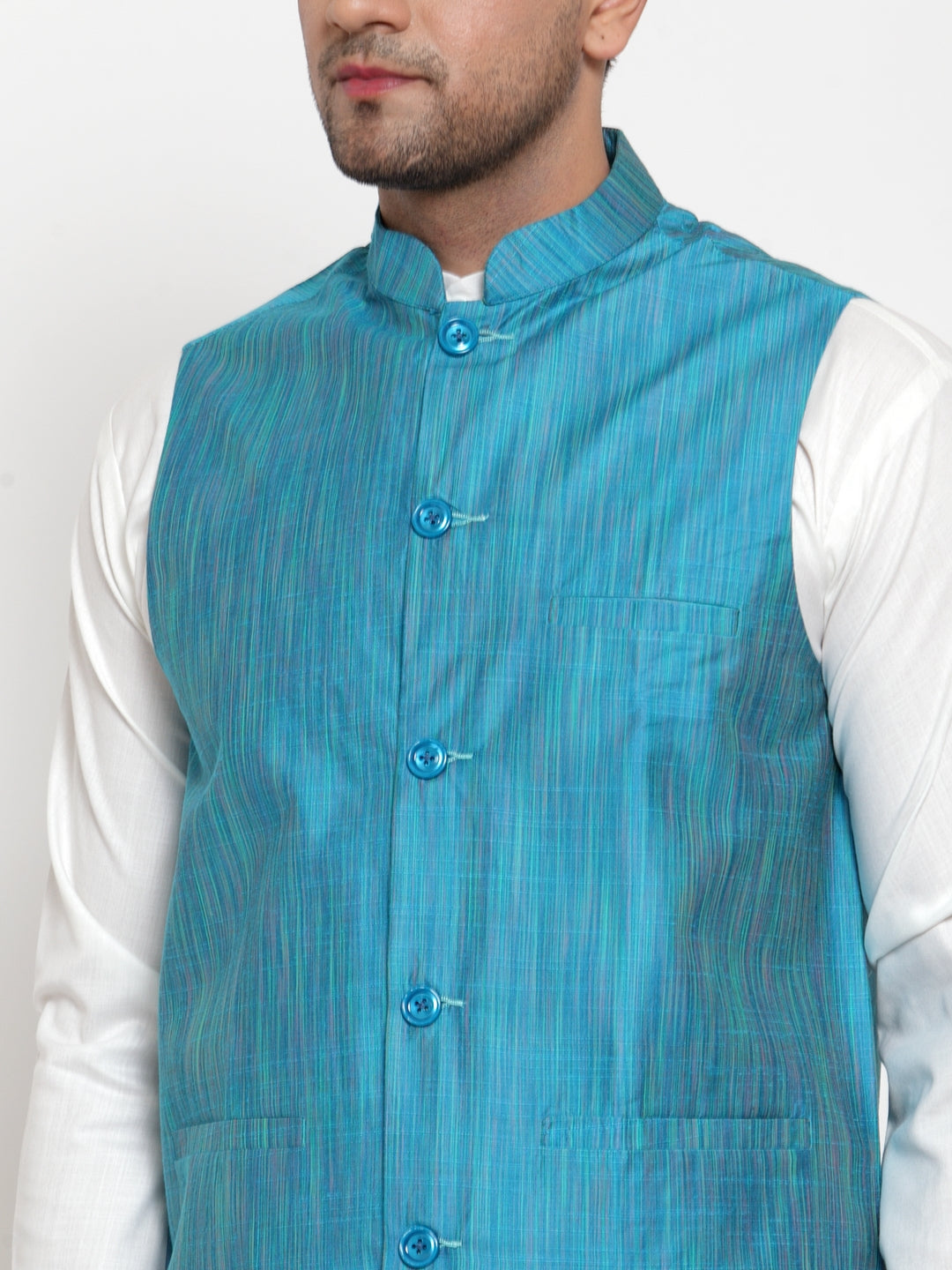 Jompers Men's Blue Woven Design Nehru Jacket | Grocsy
