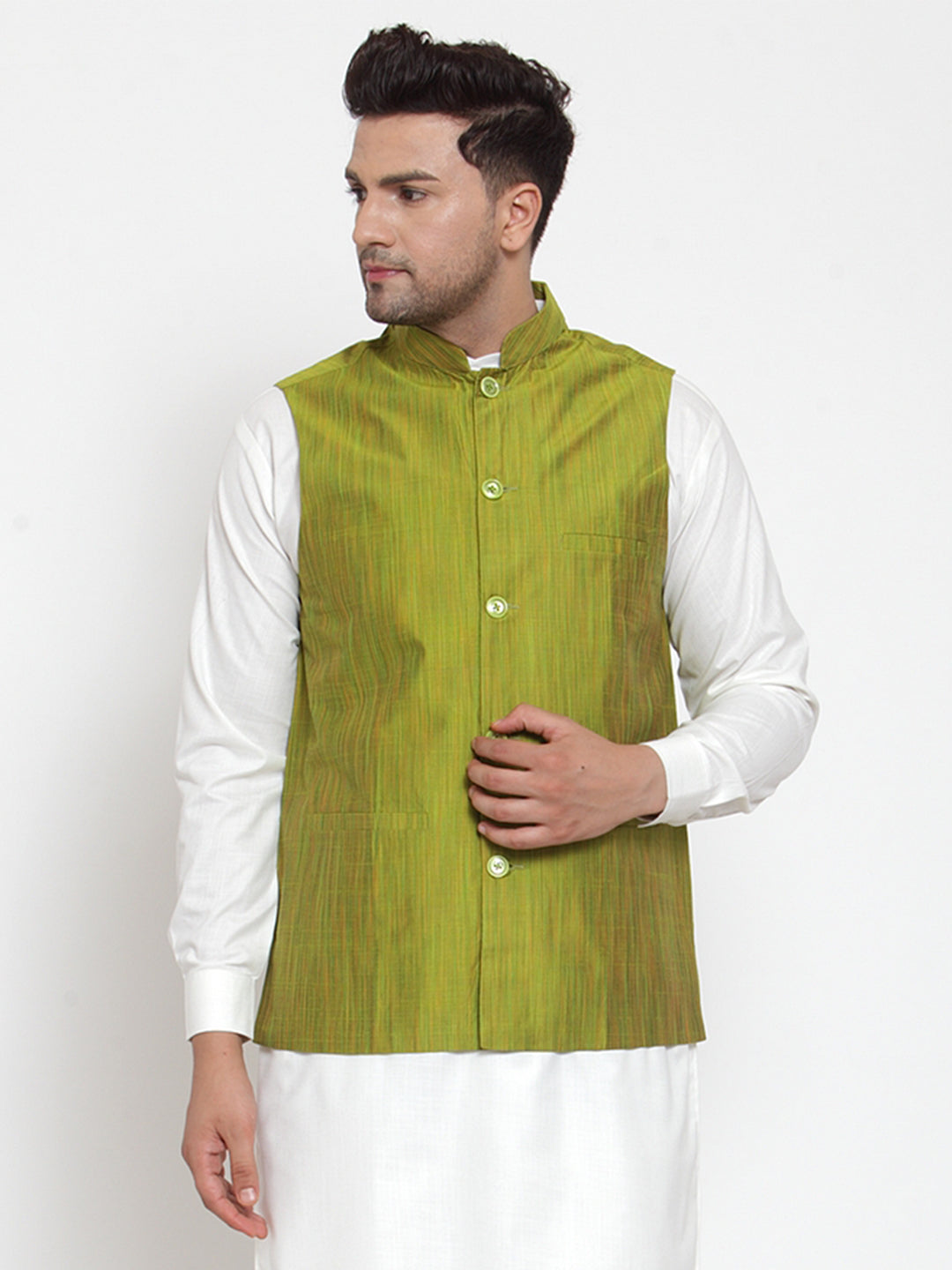 Jompers Men's Green Woven Design Nehru Jacket | Grocsy