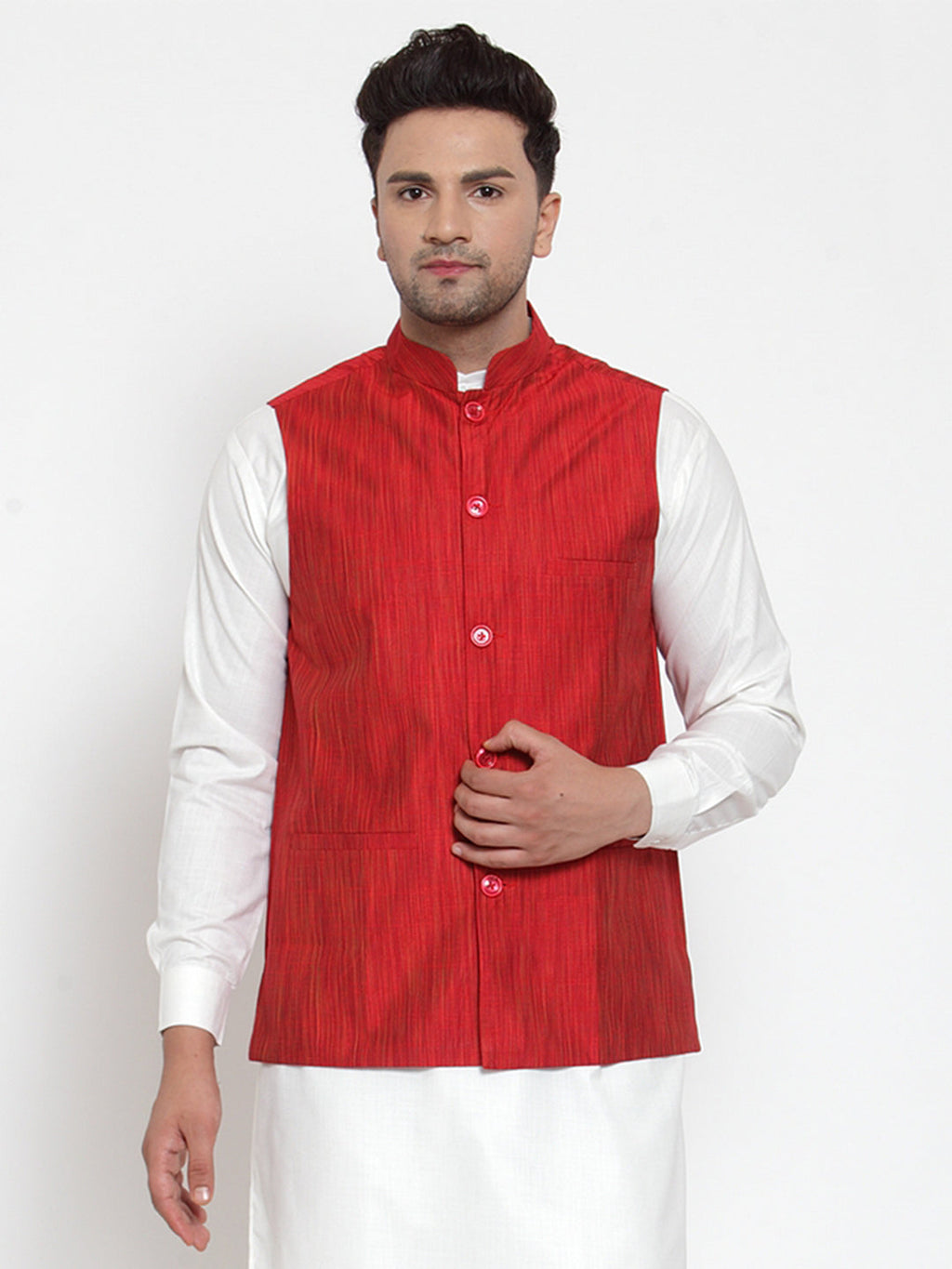 Jompers Men's Beautiful Red Woven Design Nehru Jacket | Grocsy