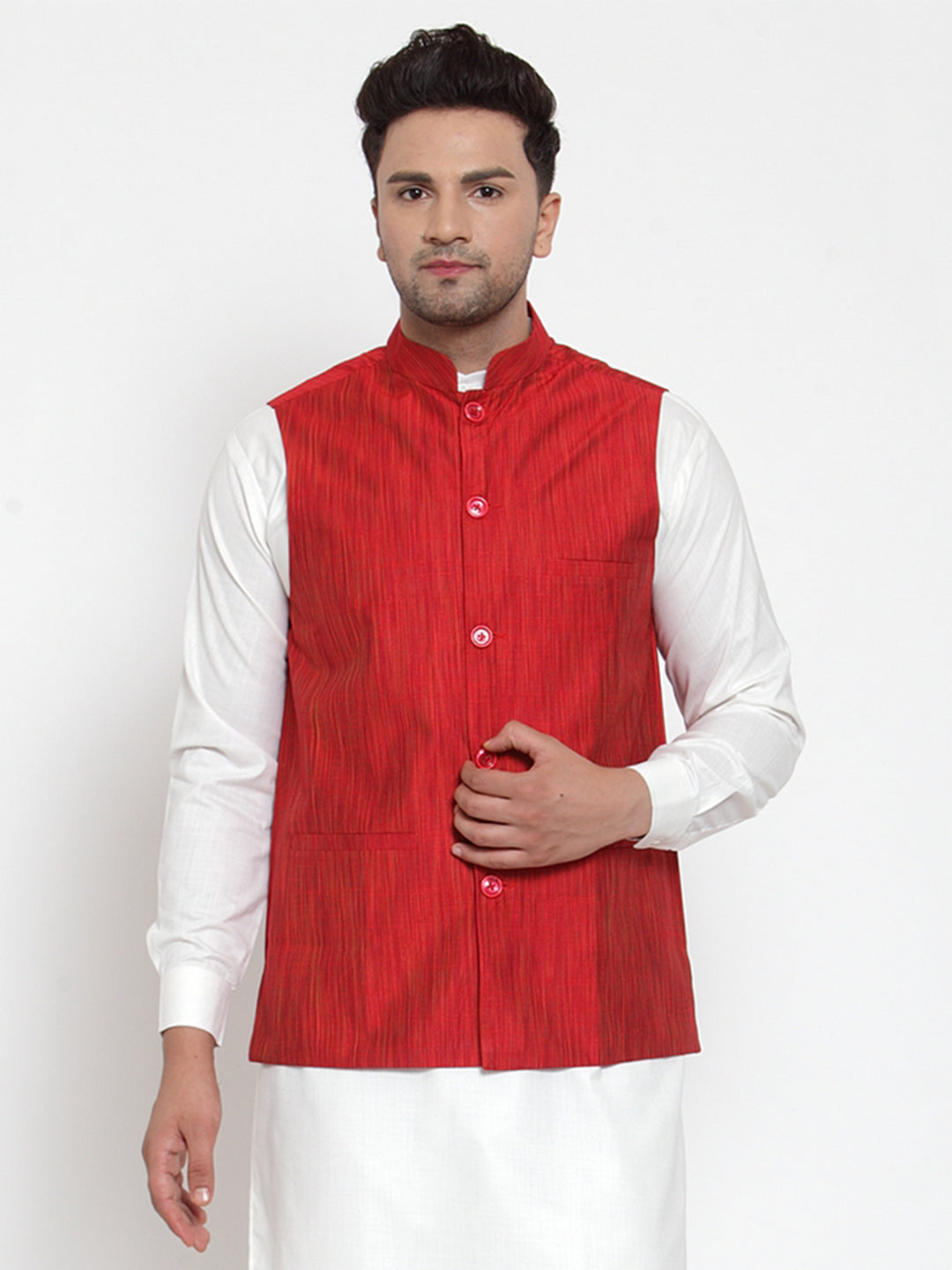 Jompers Men's Beautiful Red Woven Design Nehru Jacket | Grocsy