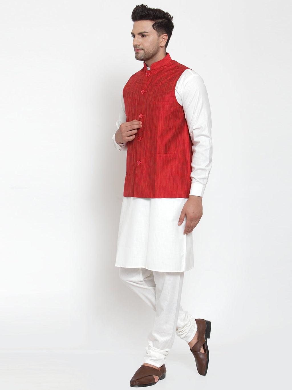 Jompers Men's Beautiful Red Woven Design Nehru Jacket | Grocsy