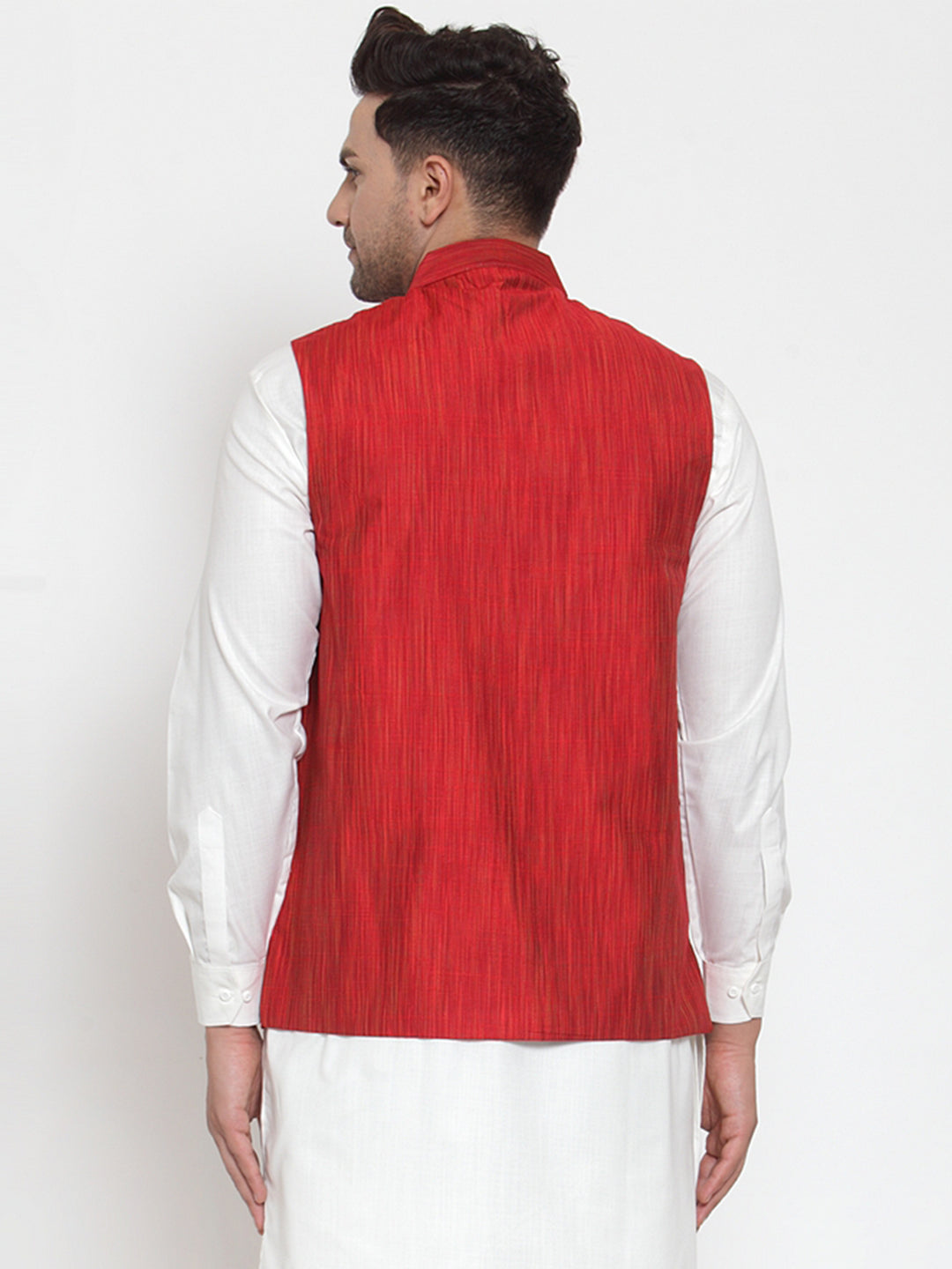 Jompers Men's Beautiful Red Woven Design Nehru Jacket | Grocsy