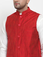 Jompers Men's Beautiful Red Woven Design Nehru Jacket | Grocsy