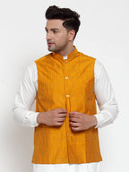 Jompers Men's Yellow Woven Design Nehru Jacket | Grocsy