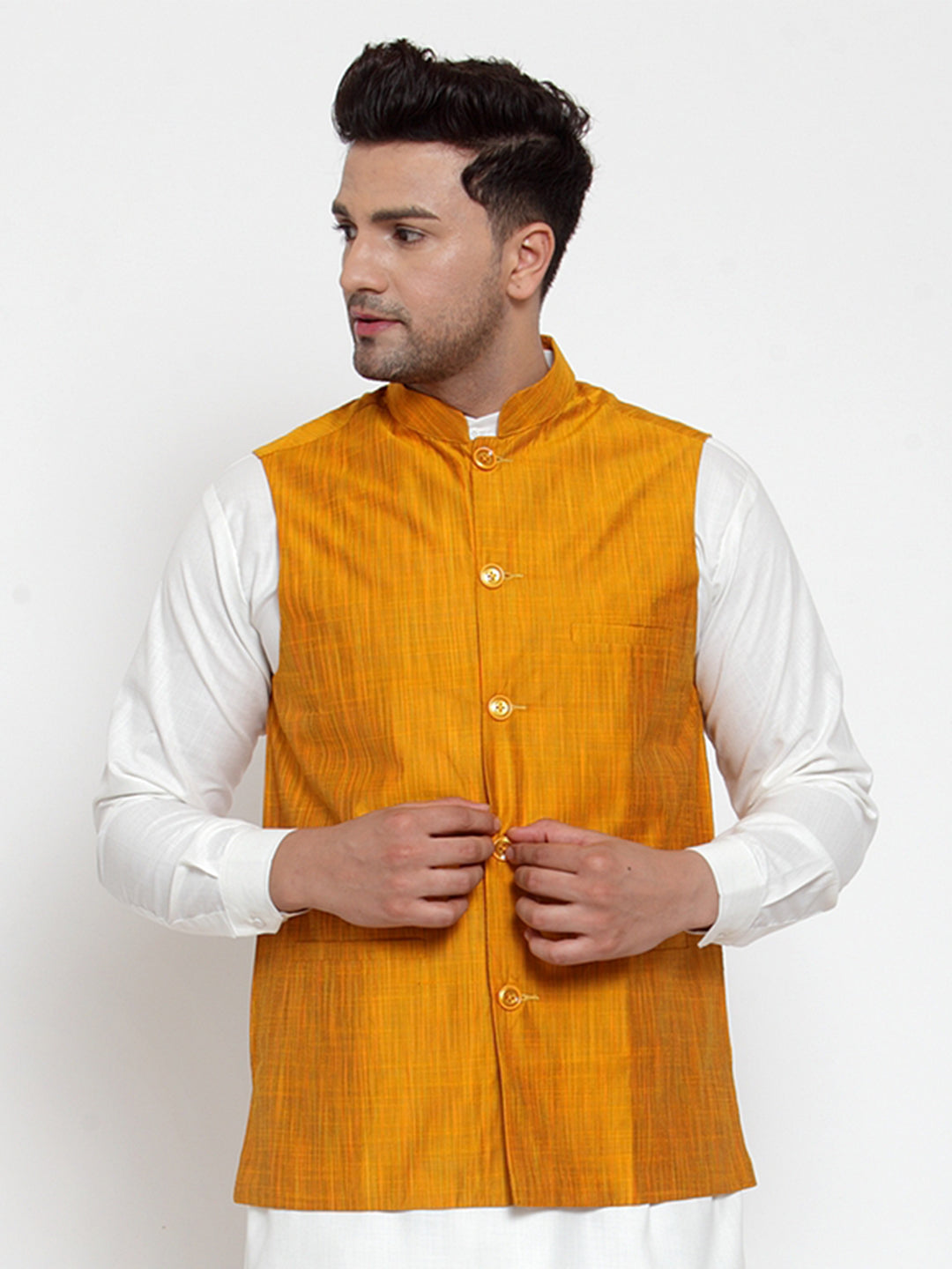 Jompers Men's Yellow Woven Design Nehru Jacket | Grocsy