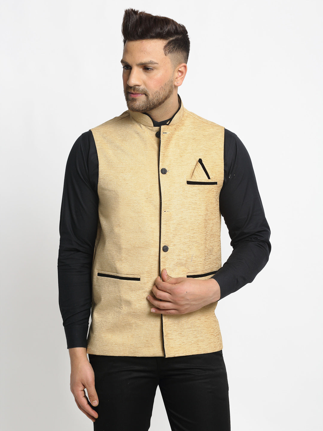 Jompers Men's Beige Solid Nehru Jacket with Square Pocket | Grocsy