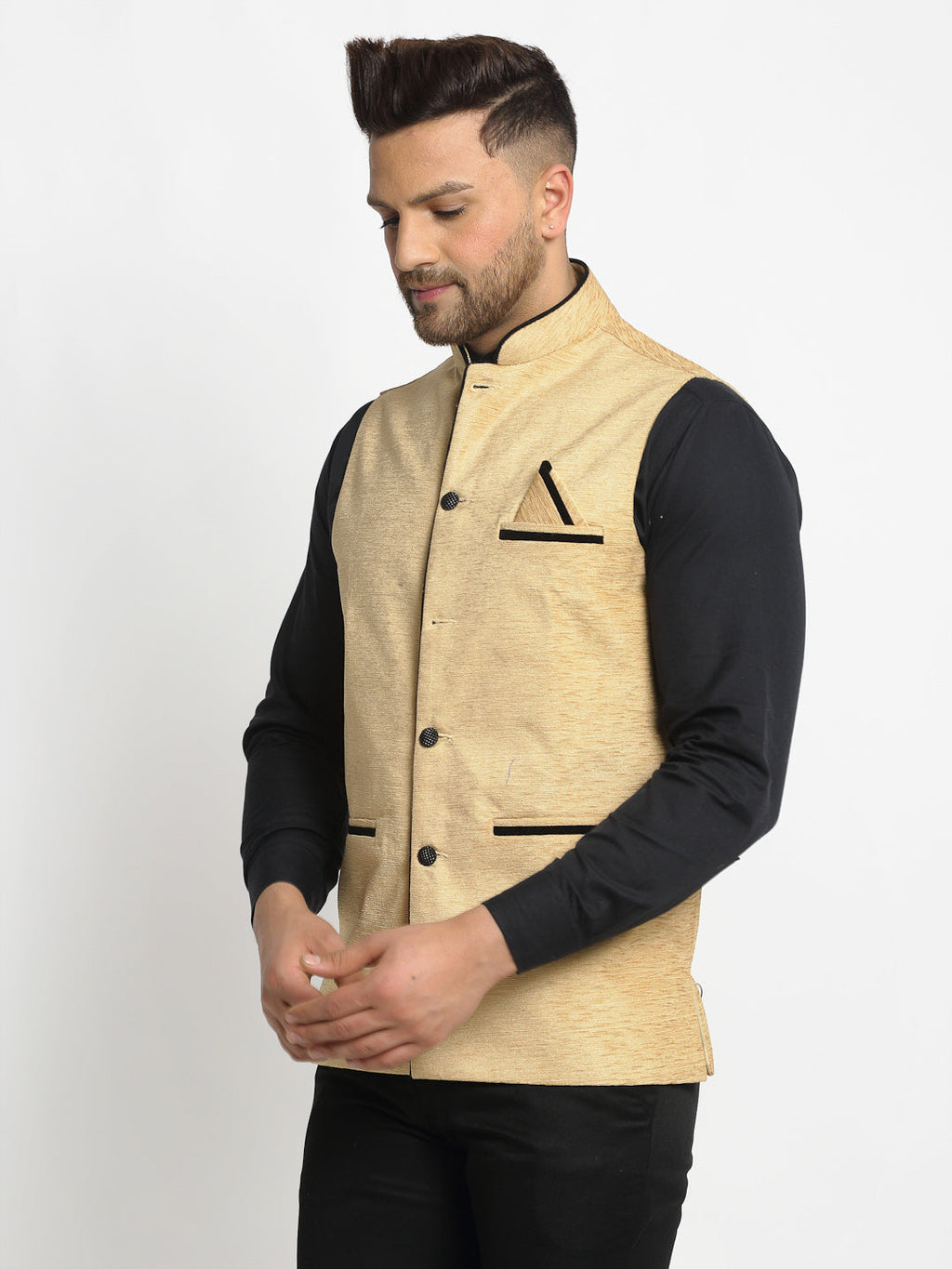 Jompers Men's Beige Solid Nehru Jacket with Square Pocket | Grocsy