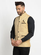 Jompers Men's Beige Solid Nehru Jacket with Square Pocket | Grocsy