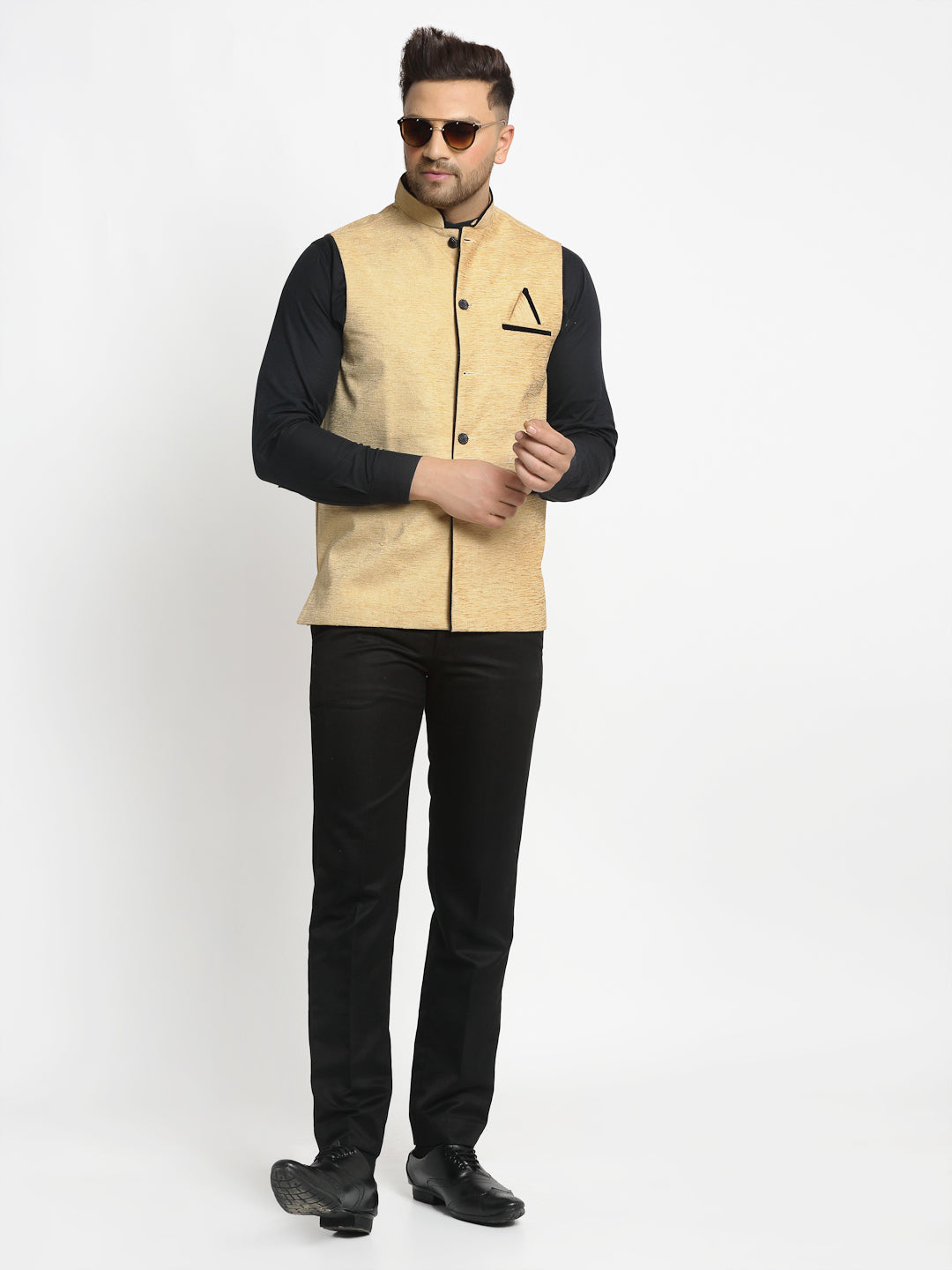 Jompers Men's Beige Solid Nehru Jacket with Square Pocket | Grocsy