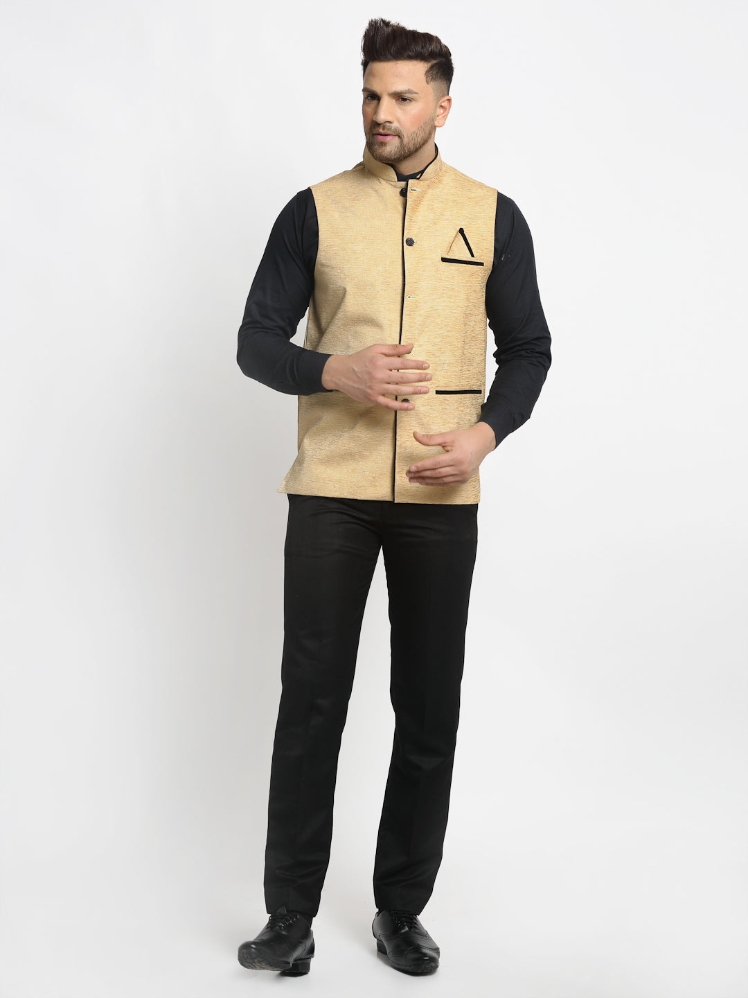 Jompers Men's Beige Solid Nehru Jacket with Square Pocket | Grocsy