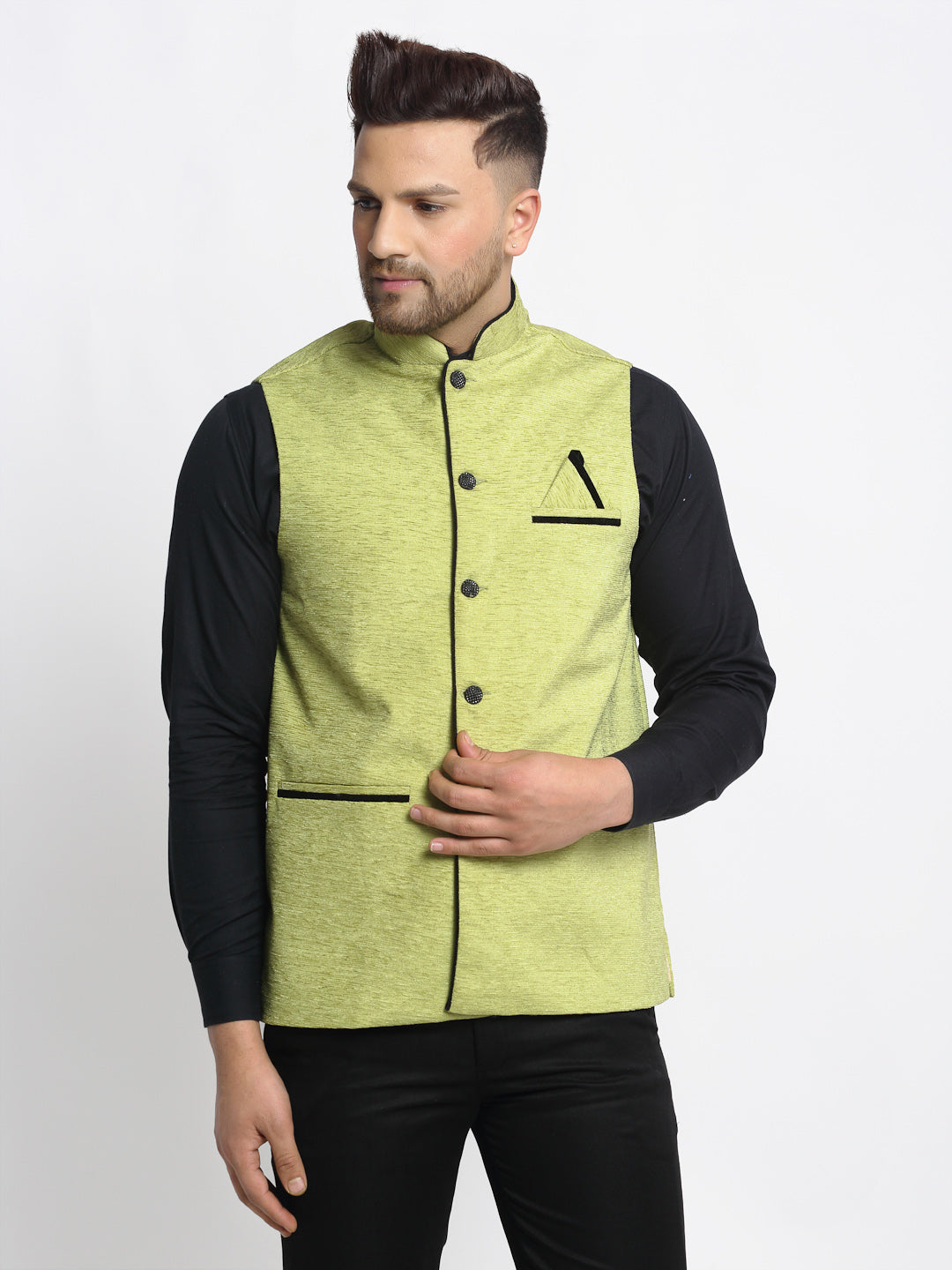 Jompers Men's Green Solid Nehru Jacket with Square Pocket | Grocsy
