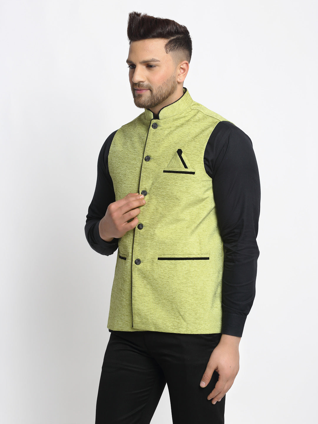 Jompers Men's Green Solid Nehru Jacket with Square Pocket | Grocsy