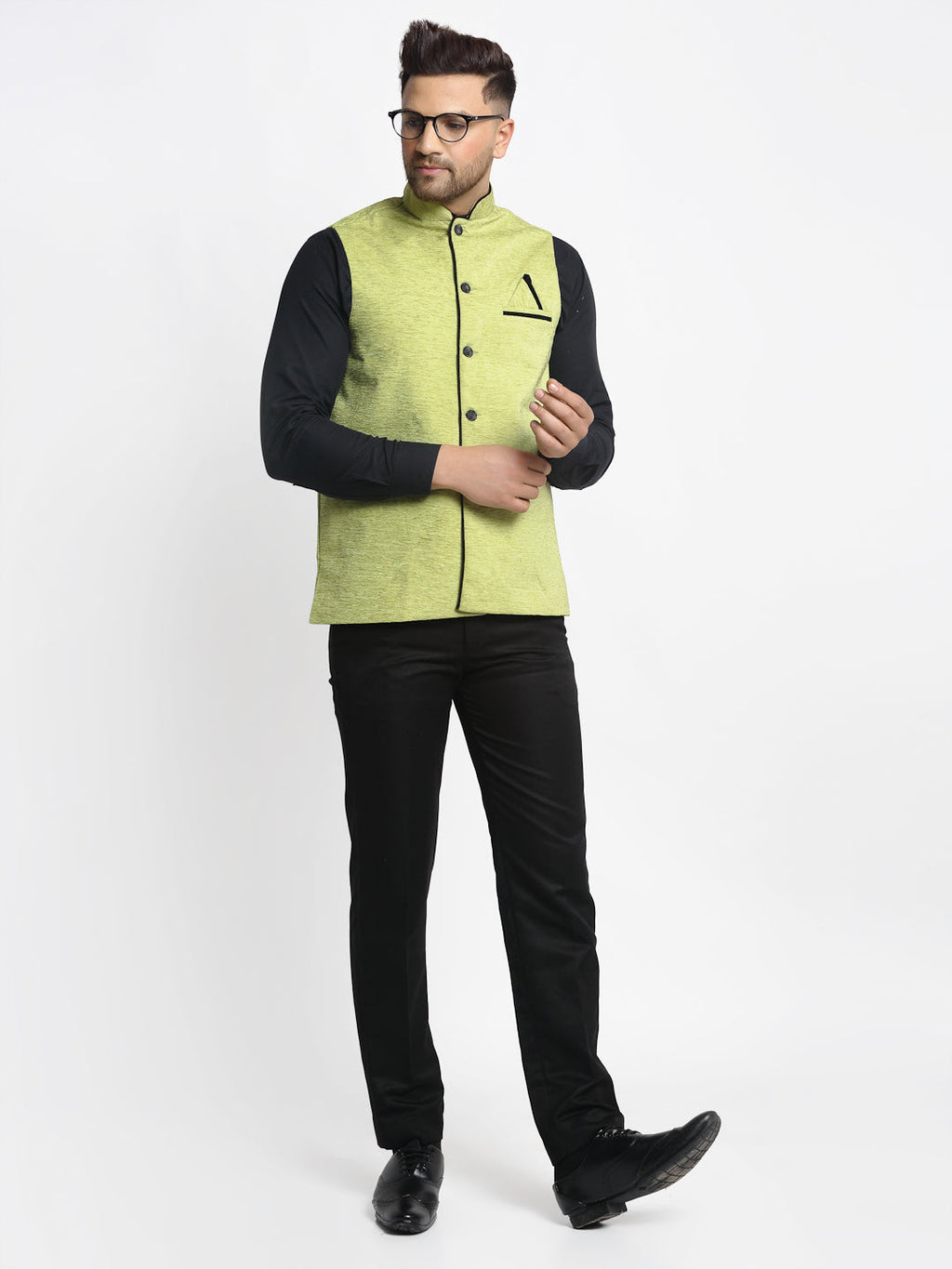Jompers Men's Green Solid Nehru Jacket with Square Pocket | Grocsy