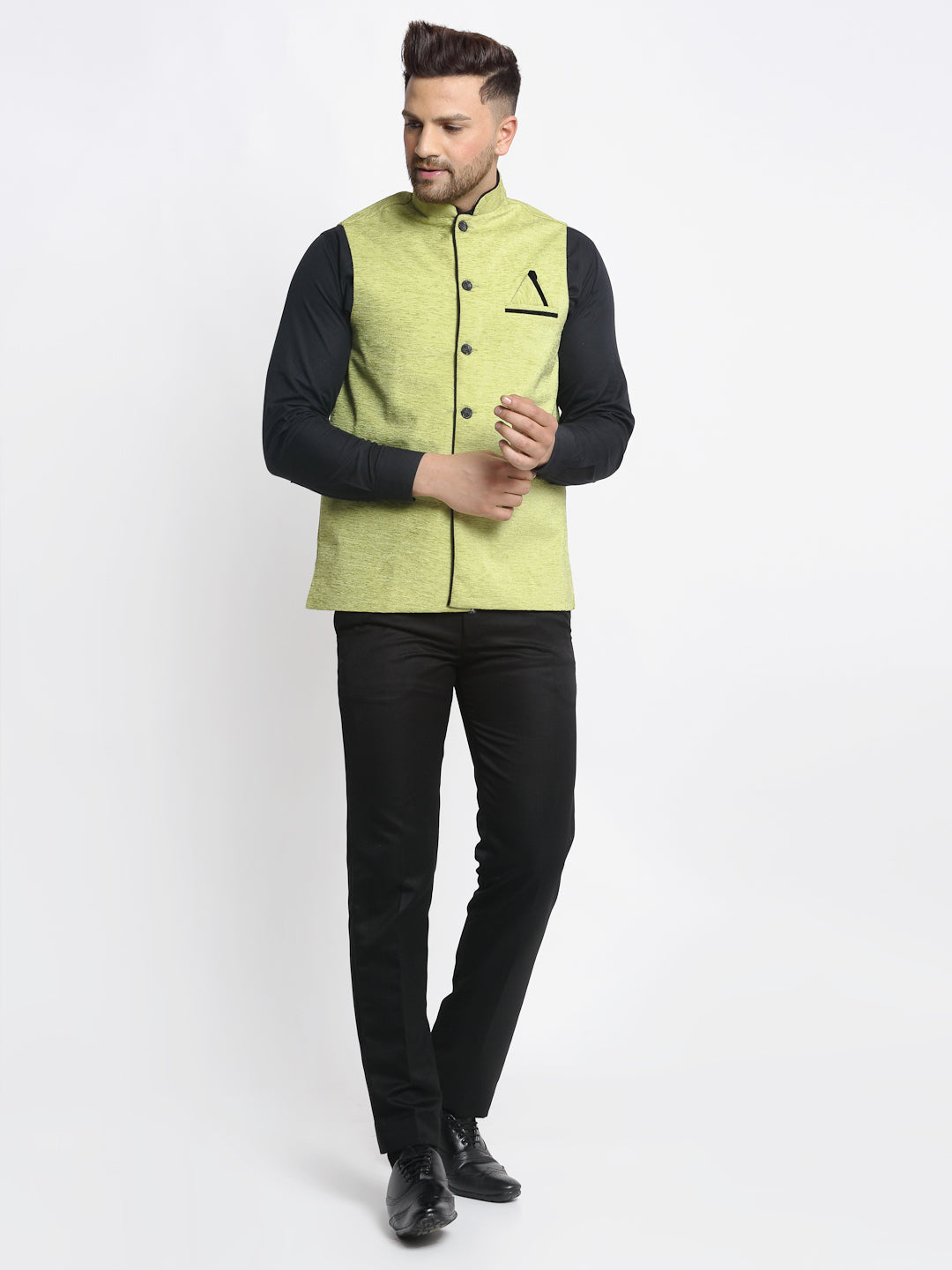 Jompers Men's Green Solid Nehru Jacket with Square Pocket | Grocsy