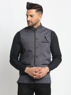 Jompers Men's Grey Solid Nehru Jacket with Square Pocket | Grocsy