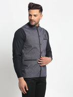 Jompers Men's Grey Solid Nehru Jacket with Square Pocket | Grocsy