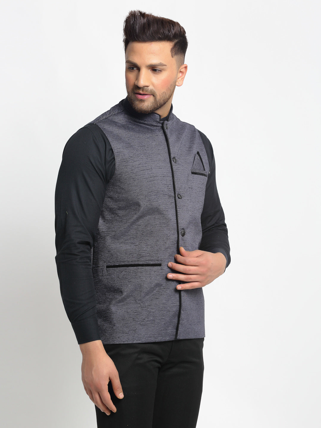 Jompers Men's Grey Solid Nehru Jacket with Square Pocket | Grocsy