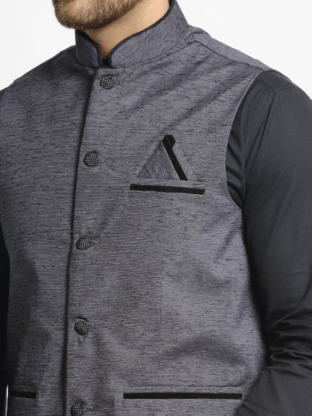 Jompers Men's Grey Solid Nehru Jacket with Square Pocket | Grocsy