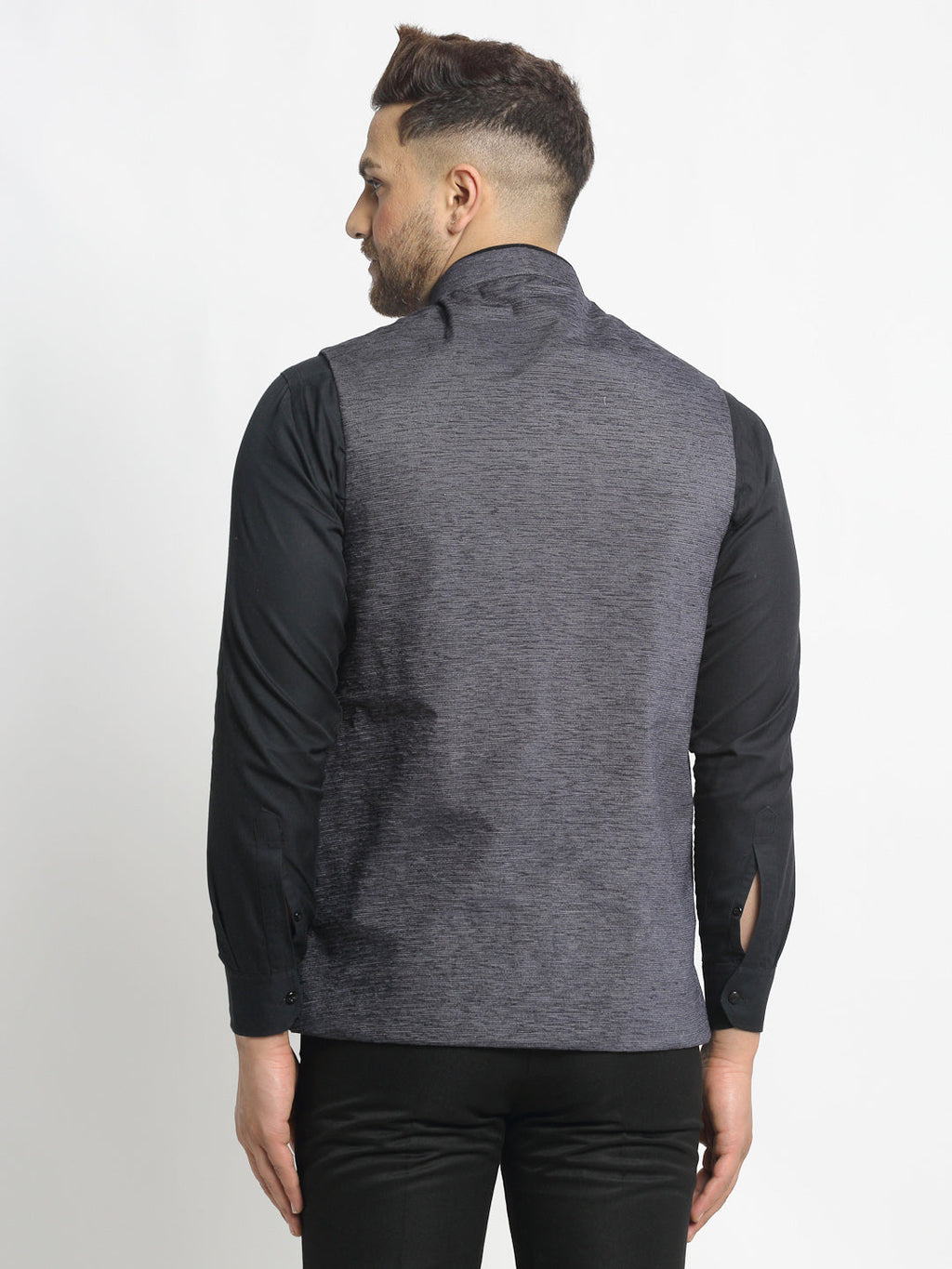 Jompers Men's Grey Solid Nehru Jacket with Square Pocket | Grocsy