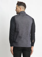 Jompers Men's Grey Solid Nehru Jacket with Square Pocket | Grocsy