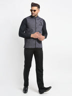 Jompers Men's Grey Solid Nehru Jacket with Square Pocket | Grocsy