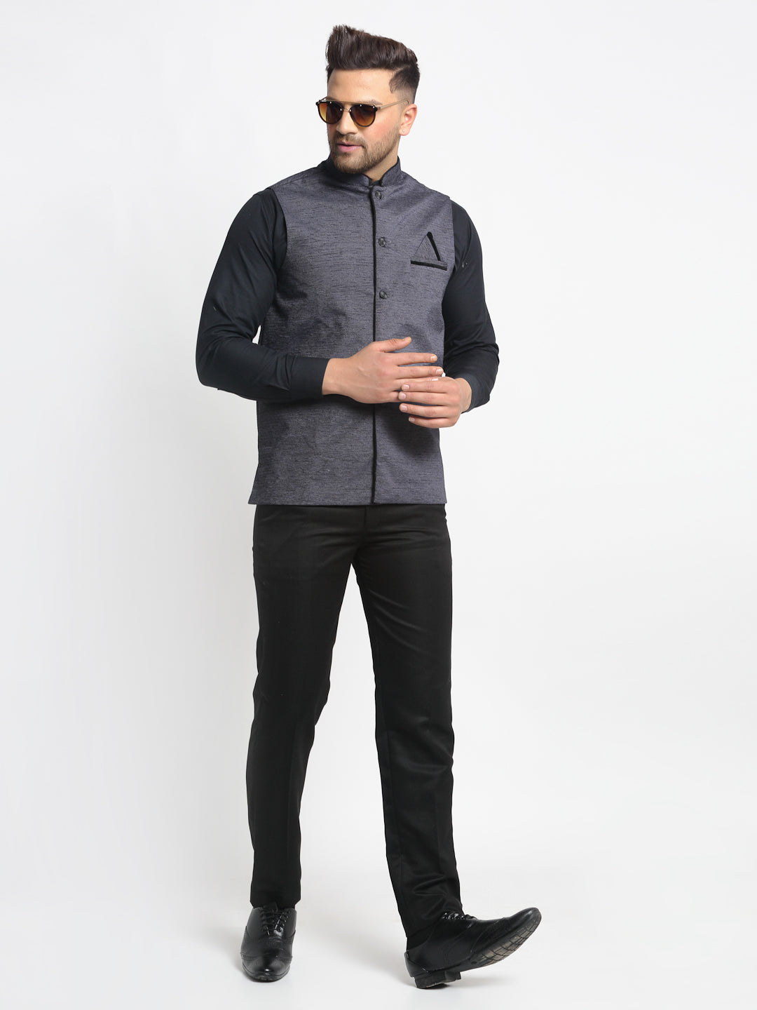 Jompers Men's Grey Solid Nehru Jacket with Square Pocket | Grocsy