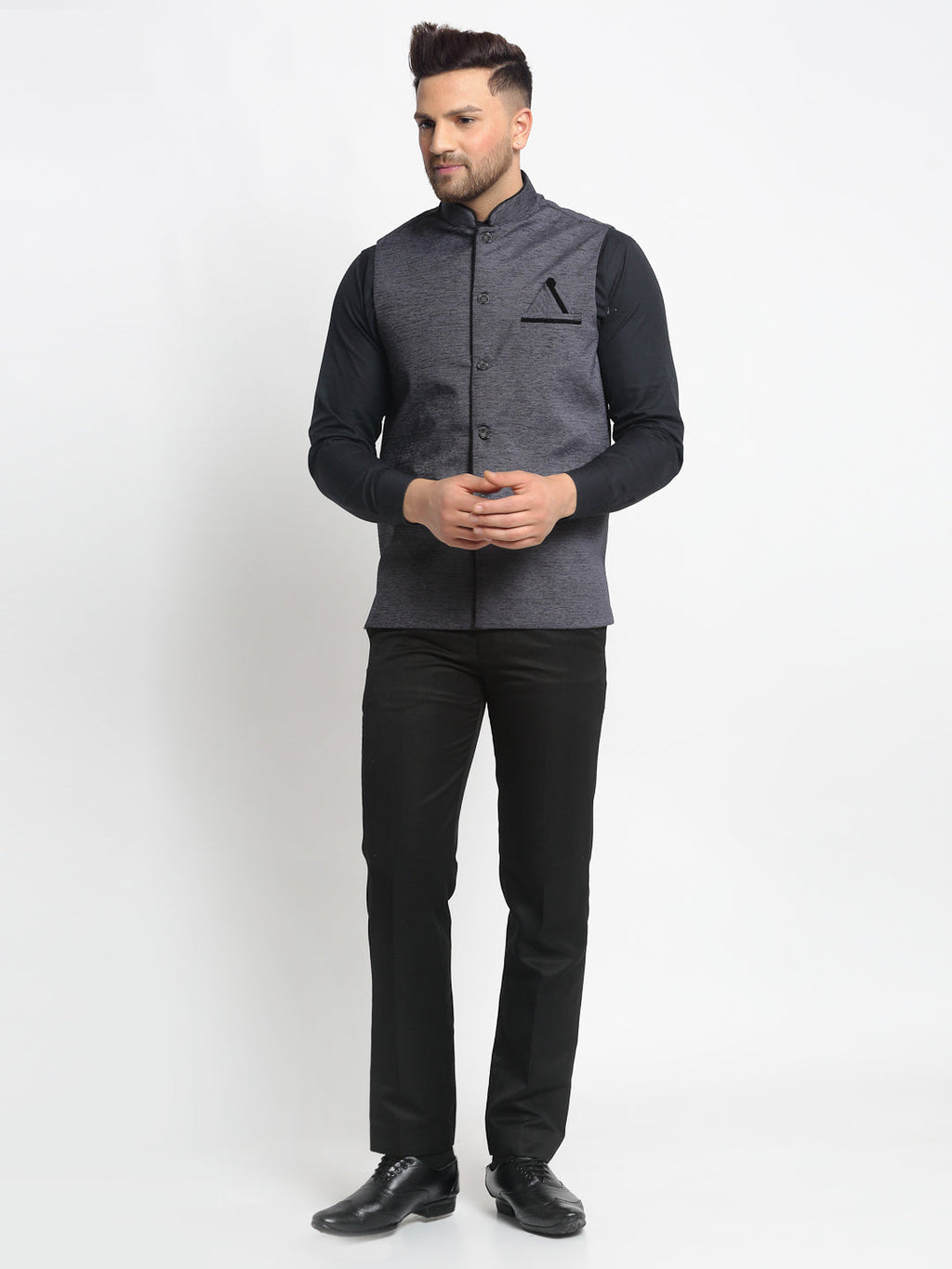Jompers Men's Grey Solid Nehru Jacket with Square Pocket | Grocsy