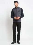 Jompers Men's Grey Solid Nehru Jacket with Square Pocket | Grocsy